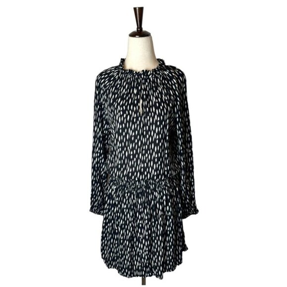 Velvet Black And White Spotted Long Sleeve Ruffle Neck Fit And Flare Dress S - Picture 1 of 10